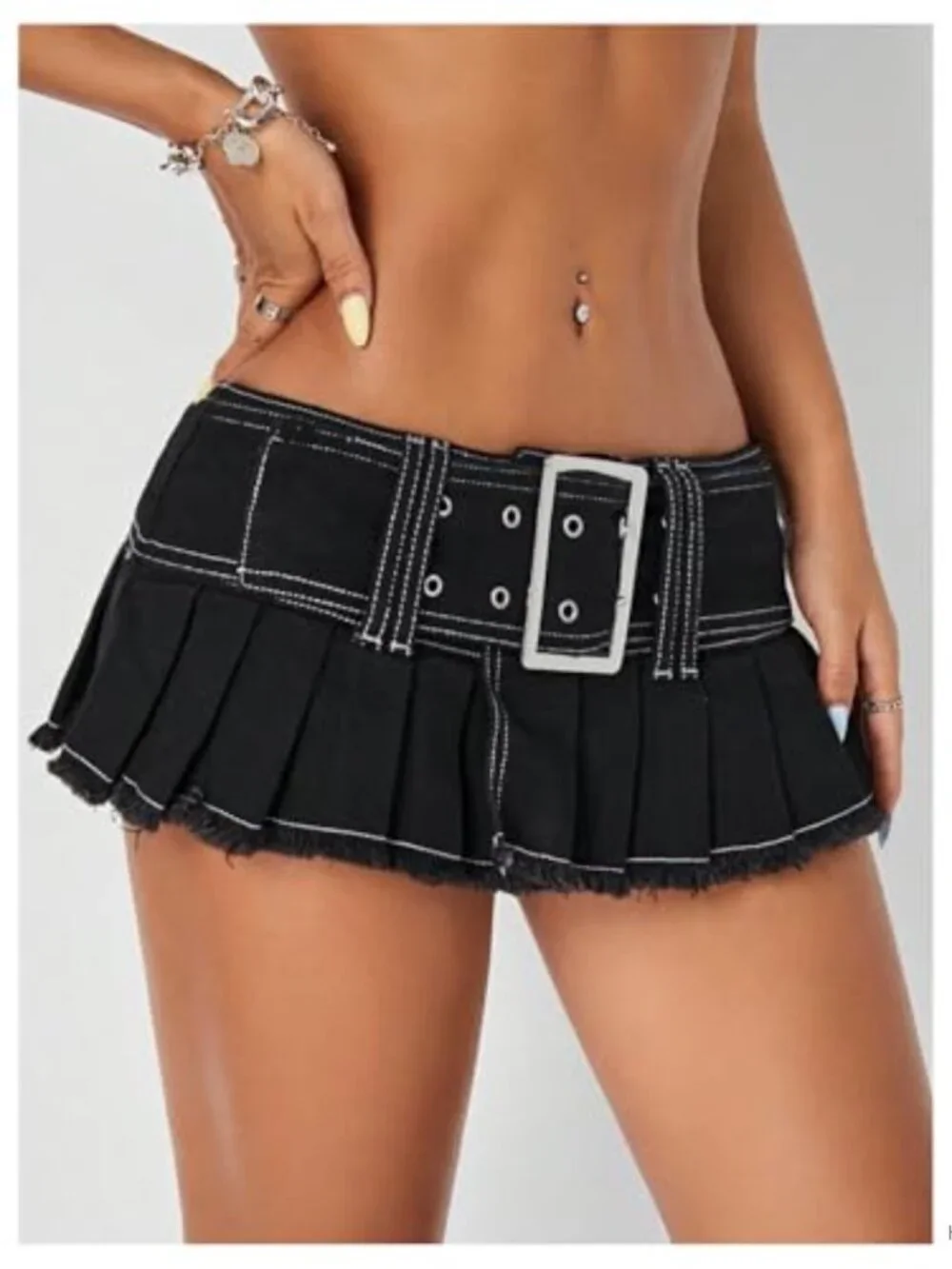Y2K Pleated Denim Mini Skirt with Belt, Low Waist Raw Hem Hippie Skirt